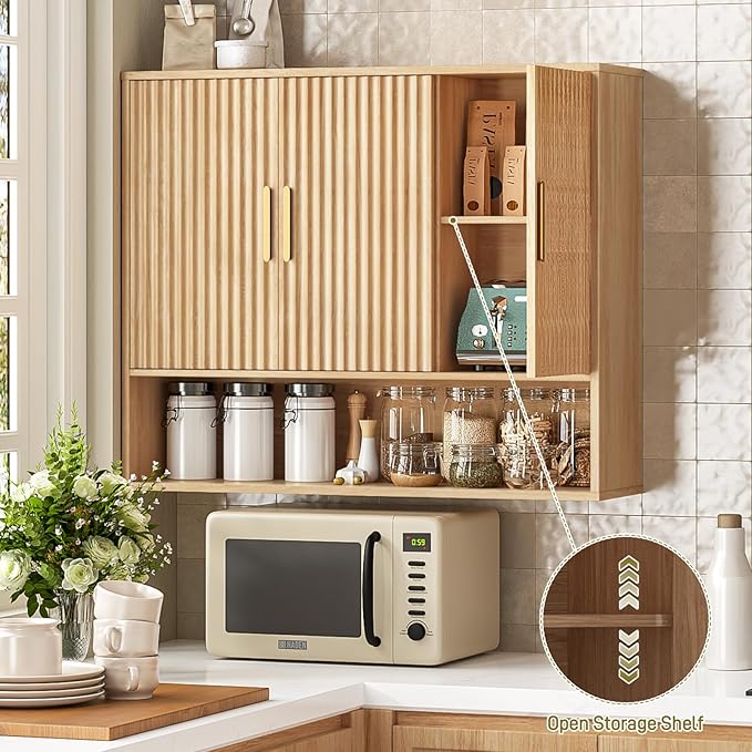 Vabches Bathroom Wall Cabinet, 3-Door Fluted Wooden Wall Cabinet with Open Shelf, Oak Color Wall Cabinet for Bathroom Storage for Bathroom, Kitchen, Laundry Room