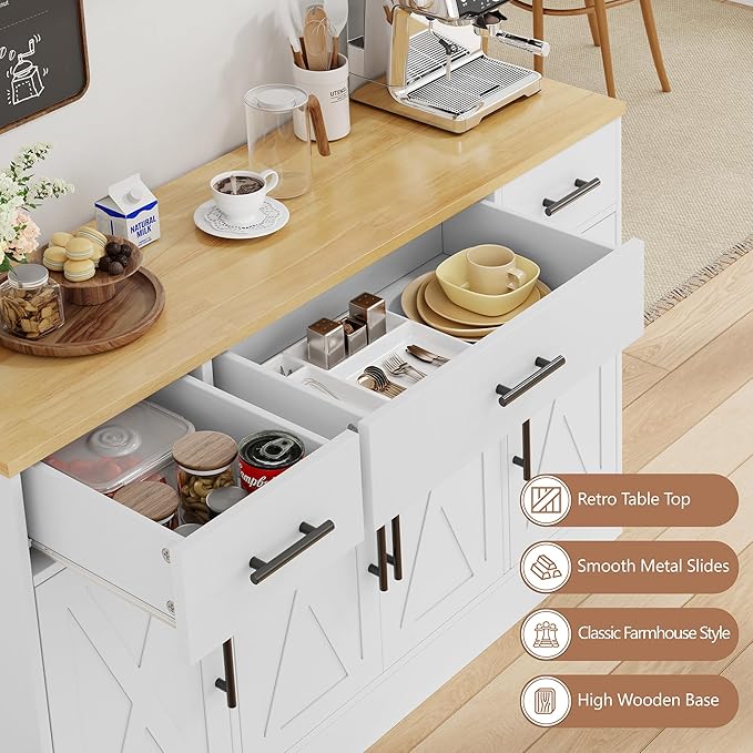 Vongrasig Large Coffee Bar Cabinet with Storage, 53” Farmhouse Kitchen Storage Cabinet with 4 Doors and 3 Drawers, Wood Buffet Table for Kitchen, Dining Room, White