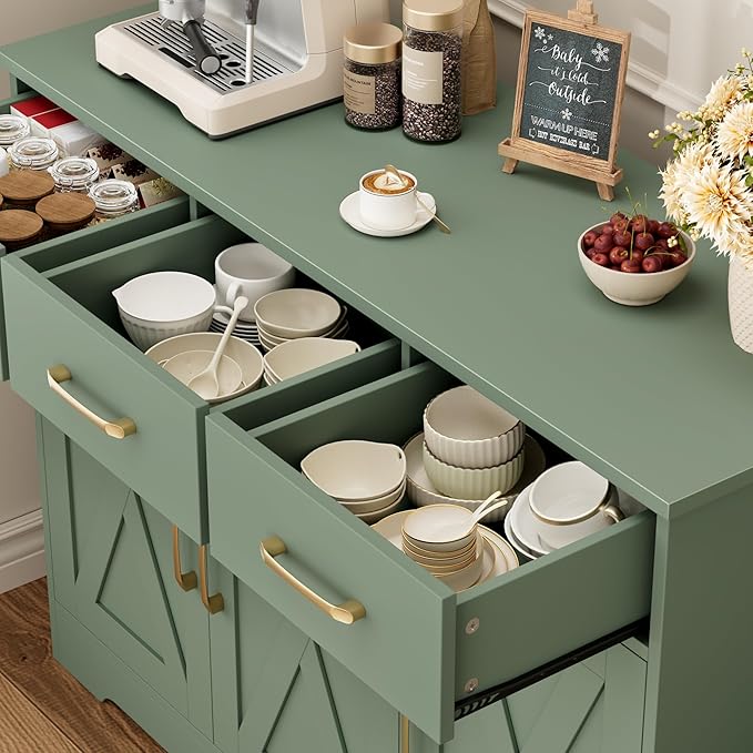 HOSTACK Modern Farmhouse Buffet Sideboard Cabinet, Barn Doors Storage Cabinet with Drawers and Shelves, Wood Coffee Bar with Storage for Dining Room, Kitchen, Living Room, Green