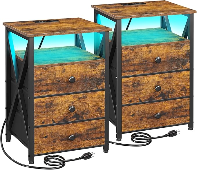 AMHANCIBLE Night Stand Set 2, LED Nightstand with Charging Station, End Side Tables with USB Port & Outlet, Bedside Tables with 3 Fabric Drawers for Bedroom, Rustic Brown HET053LBR