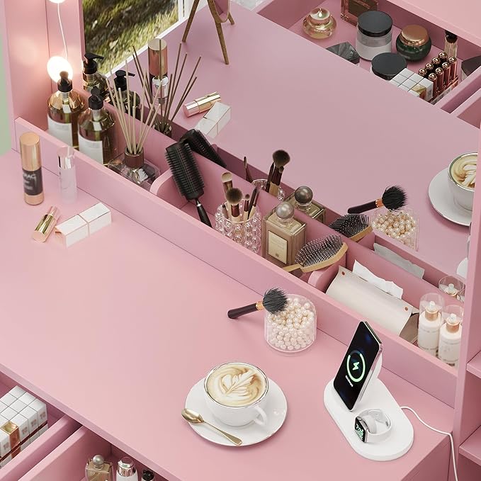 TOKSOM Makeup Vanity with Lights & Charging Station, Pink Vanity Table with 5 Drawers & Open Storage Shelves, Bedroom Makeup Dressing Table Set for Women Girls Round Handles