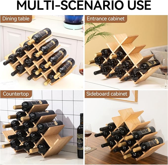 KIRIGEN 13-Bottle Wine Rack, 4-Tier Solid Wood Countertop Wine Holder, Freestanding Bottle Storage Shelf for Kitchen, Bar, Cabinet, Pantry, 22.28 x 5.9 x 13.9 in, XHJJ4-NA
