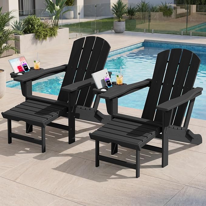 KINGYES Adjustable Folding Adirondack Chair with Footrest & 4-in-1 Multi-Functional Armrest Organizer, HDPE Foldable Recliner Adirondack Chair with Pull-Out Ottoman, Black