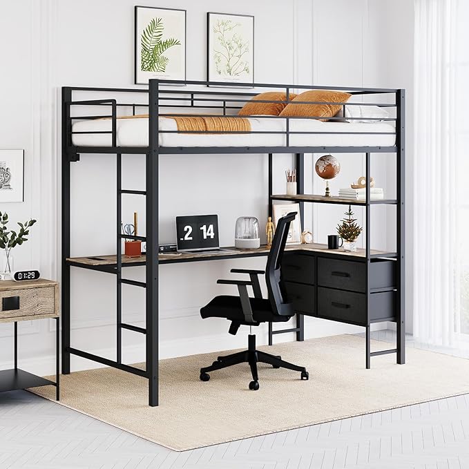 VINGLI Twin Metal Loft Bed Frame with 15 Inches Safety Guardrail, Non-Slip Ladder, 2 Charging Stations, L-Shaped Desk, Storage Shelve, 4 Drawers, LED Lights, for Kids, No Box Spring Needed, Black