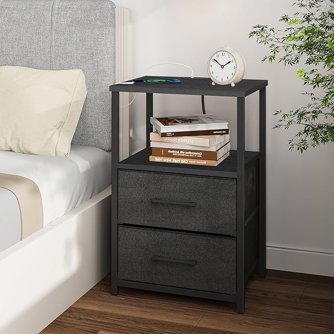 TUTOTAK End Table with Charging Station, Night Stand, Side Table with 2 USB Ports and Outlets, Nightstand with Cloth Drawer, Bedside Table for Livingroom, Bedroom Black TB01BK088