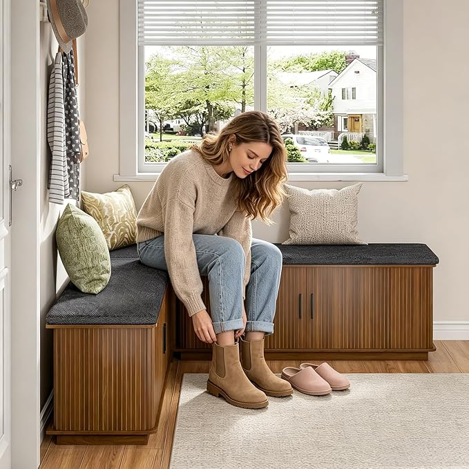 L Shaped Breakfast Nook Bench with Cushion, Kitchen Corner Bench with Hidden Storage, Backless Corner Dining Benches for Kitchen Dining Room Entryway