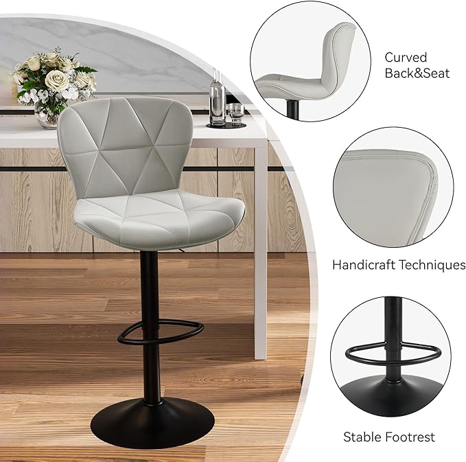 Nalupatio Modern Bar Stools Set of 4, Adjustable Faux Leather Upholstered Swivel Bar Stools, Counter Height Bar Chairs with Back for Kitchen Island, Light Grey