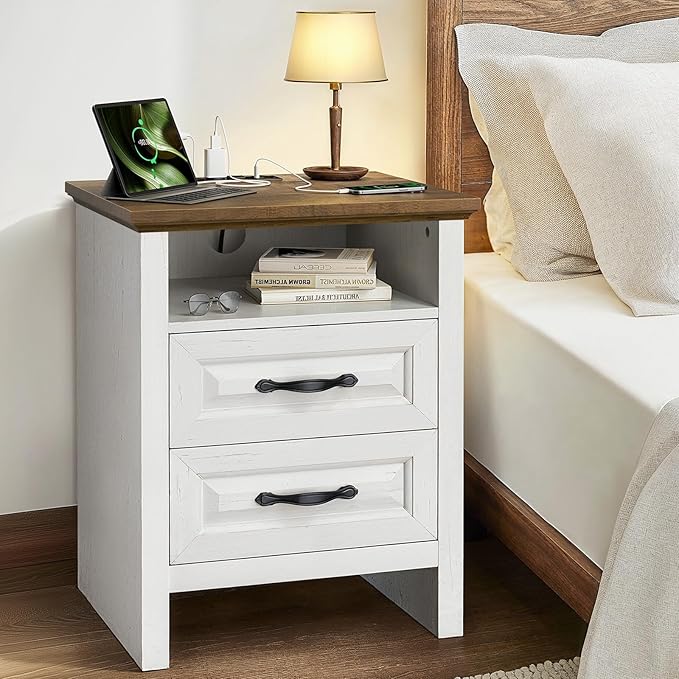 Marsail Farmhouse Nightstand Set of 2, Wood Bedside Table with Charging Station, Night Stand with Shelf and Drawers, End Table with Storage Side Table for Bedroom, Brown and White