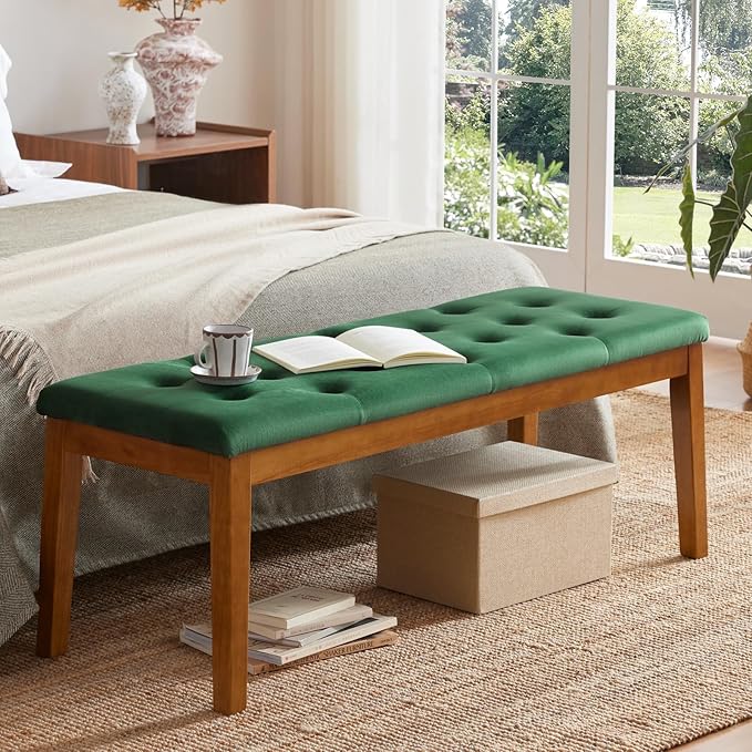 Ottoman Bench Upholstered Padded Seat with Solid Wood Legs and Button-Tufted, Big Oversized Ottoman, Velvet Green
