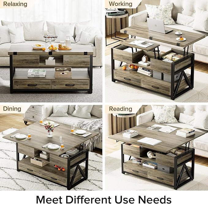 Memobarco 40" Lift Top Coffee Table,4 in 1 Multi-Function Lift Coffee Tables with Storage Drawers and Hidden Compartmen,Farmhouse Coffee Table with Lifting top for Living Room,Grey