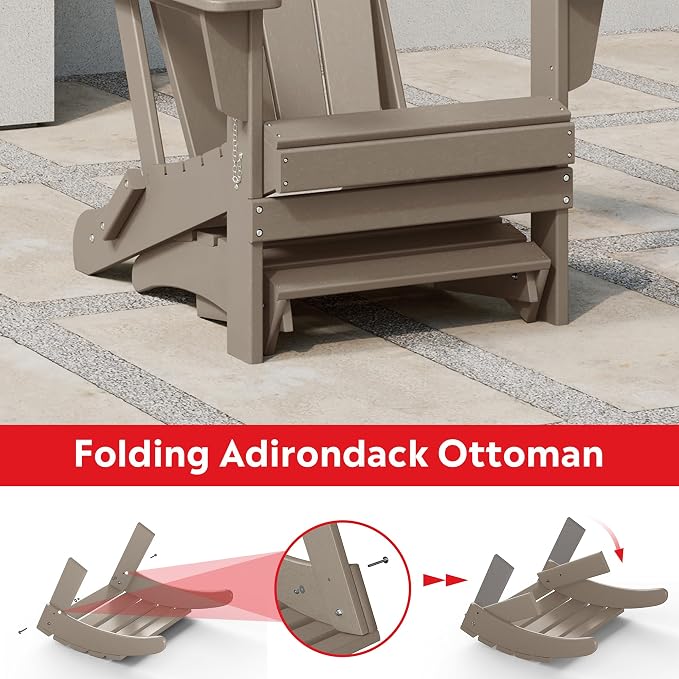Costaelm Adirondack Chair Footrest Foldable Ottoman, Folding Ottoman Outdoor Foot Rest for Patio Waterproof, Adirondack Ottoman Outdoor, Weathered Wood