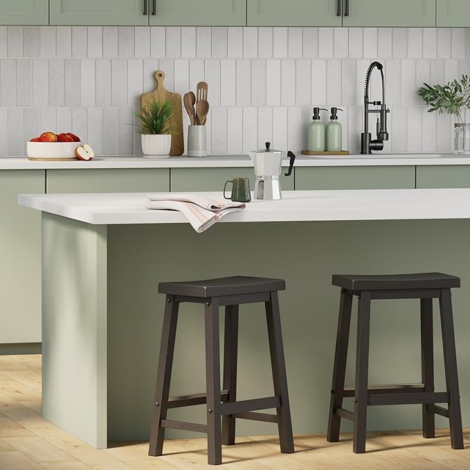Amazon Basics Solid Wood Saddle-Seat Counter Height Bar Stools for Kitchen Island with Footrest, 24-Inch Height, Black, Set of 2