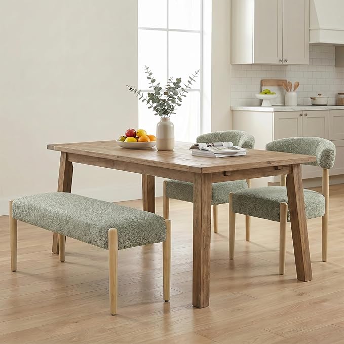VKNOW Upholstered Dining Room Set for 4, Mid-Century Modern Dining Chairs Set of 2 and Dining Bench with Rubberwood Legs, for Dining Room, Living Room, Kitchen, Green