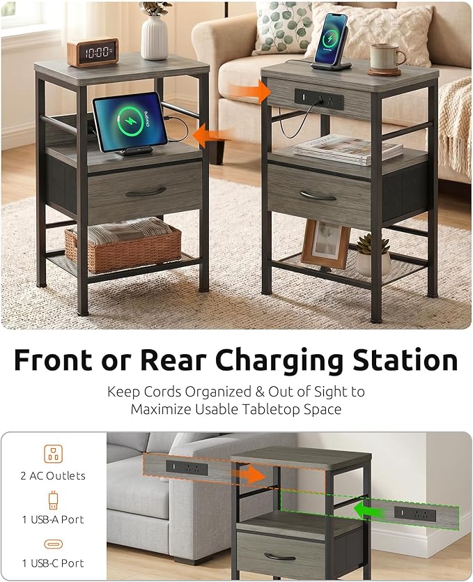 Lazzanto Nightstands Set of 2 with Charging Station, Bedside Tables with Open Shelf & Hooks, End Tables with USB-C USB-A Ports AC Outlets, Night Stand for Bedroom with Fabric Drawer, Grey