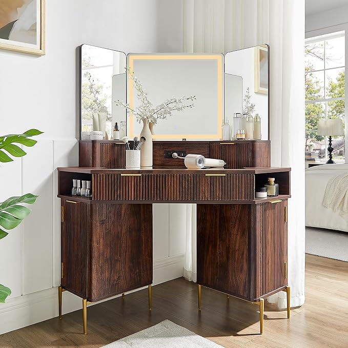 T4TREAM 48" Fluted Makeup Vanity Desk with HD Triple Mirror and Lights, Large Lighted Corner Vanity with Glass Top, Modern Dressing Table with 3 Drawers & 2 Cabinets for Bedroom, Dark Walnut