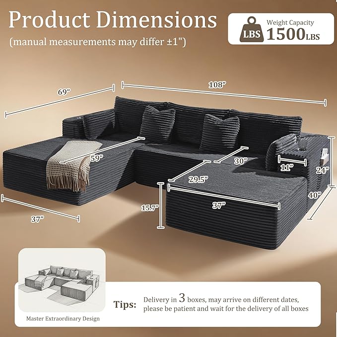 108" Oversized Cloud Sectional Couch, Comfort U Shaped Boneless Couch for Living Room, Extra Deep Seats No Assembly, Modular Sofa, Corduroy (Dark Grey, 2 Seater+Right Facing Chaise+Ottoman)