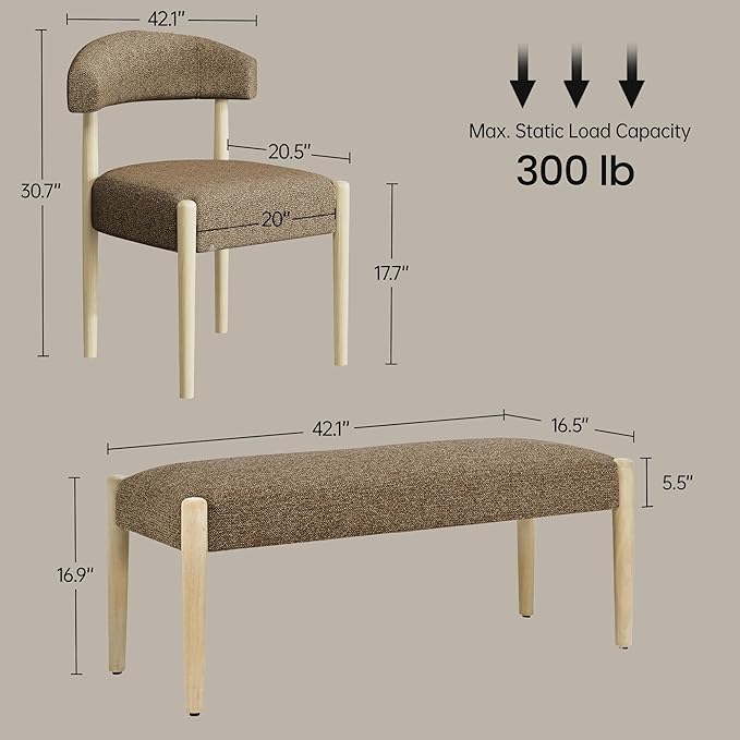 VKNOW Upholstered Dining Room Set for 6, Mid-Century Modern Dining Chairs Set of 4 and Dining Bench with Rubberwood Legs, for Dining Room, Living Room, Kitchen, Dark Brown
