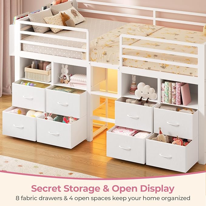 ADORNEVE Low Loft Bed Twin Size with 8 Storage Drawers, Twin Loft Bed with Bookcase and LED Lights, Metal Kids Loft Bed with 14" H Safety Guardrail, Under-Bed Play Space, No Box Spring Needed, White