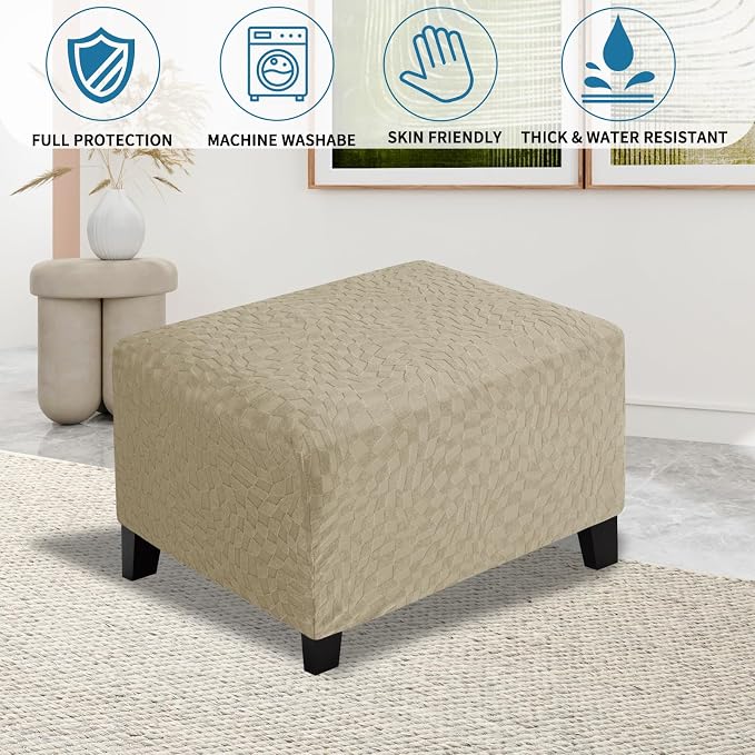ZNSAYOTX 2026 Rectangle Ottoman Cover (L:28"-34") Super Stretch Soft Footrest Slipcover Form Fit, Universal Folding Foot Stool Covers with Non-Slip Elastic Band, Fashion Jacquard Texture, Khaki