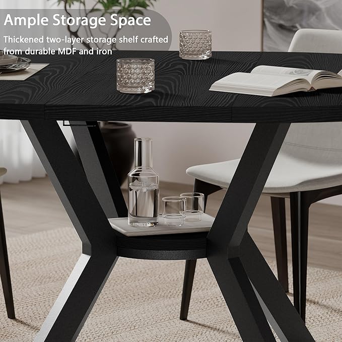42"-58" Extendable Round Dining Table with Built-in Flip Leaf, Modern Oval Kitchen Table for 4-6, Space-Saving Small Room Furniture with Storage Shelf and X-Shaped Metal Base for Kitchen, Dining Room