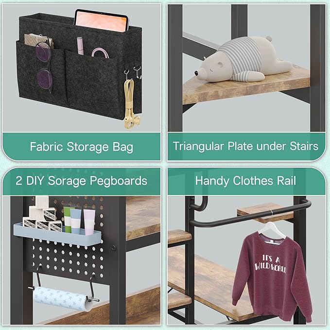 BYSAUD Twin Loft Bed with Desk and Storage, Metal Bunk Bed with 5 Drawers and 2 Pegboards, Heavy Duty Loft Bed Twin Size with LED Lights and Charging Station for Teens Adults, Noise Free, Brown