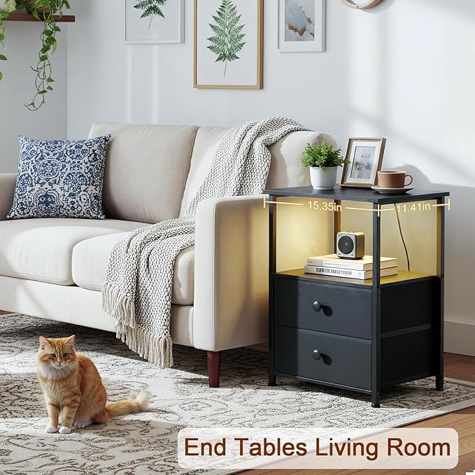 LOAKEKEL Night Stand Set 2, LED Nightstand with Charging Station, End Tables with Storage Shelf, Bed Side Table with 2 Fabric Drawers for Bedroom, Small Spaces, Black, HETS02BK