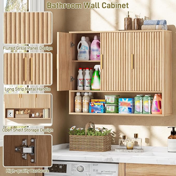 Vabches Bathroom Wall Cabinet, 3-Door Fluted Wooden Wall Cabinet with Open Shelf, Oak Color Wall Cabinet for Bathroom Storage for Bathroom, Kitchen, Laundry Room