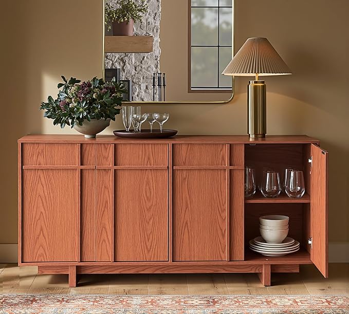 Sideboard Buffet Cabinet with Storage, Mid Century Modern Accent Cabinet with Skeleton Line & Wood Grain Texture, 63" Minimalist Credenza for Living Room Kitchen Dining Room Entryway, Walnut