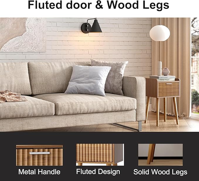 LAATOOREE Small Nightstands Set of 2, Side End Table, Bedside Table with Fluted Door, Solid Wood Feet; for Bedroom, Small Bed