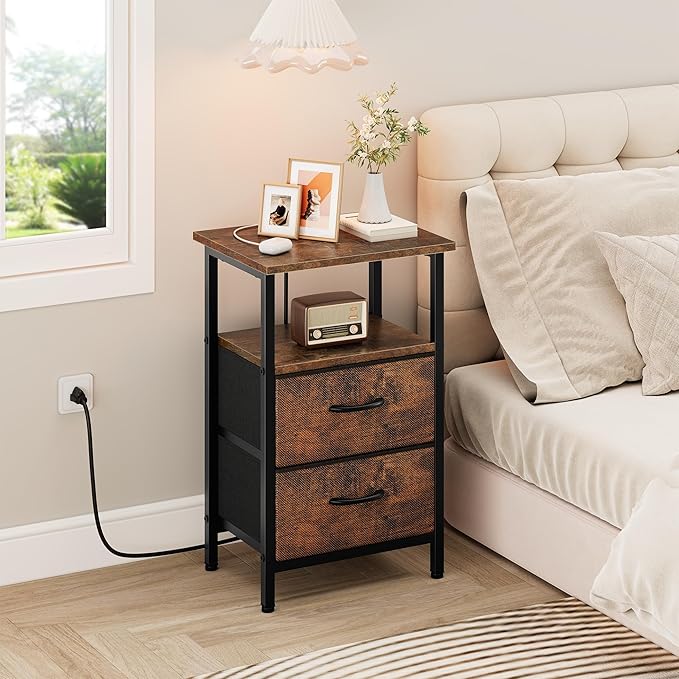 Vagusicc Nightstand with Charging Station, Small Night Stand with Fabric Drawers for Bedroom, End Table, Bedside Table with USB Ports & Outlet, 24.2" Tall Bed Side Table with Open Shelf, Rustic Brown