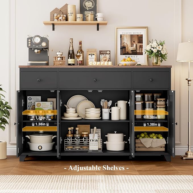 HIFIT 55" Large Kitchen Buffet Cabinet with Storage Drawers, Farmhouse Sideboard Buffet Table Storage Cabinet with Doors and Shelves, Wood Coffee Bar Cabinet for Kitchen Dining Living Room, Black