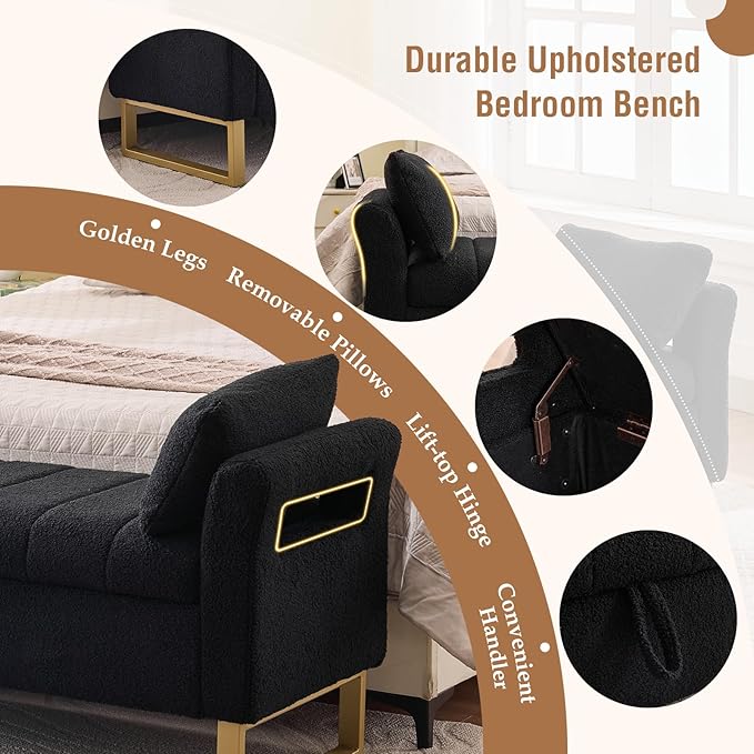 66'' Storage Bench for Bedroom End of Bed King Size, Long Bedroom Benches for Foot of Bed with Gold Legs, Comfy Bed Bench with Storage, Pillows for Entryway, Windows, Black Teddy