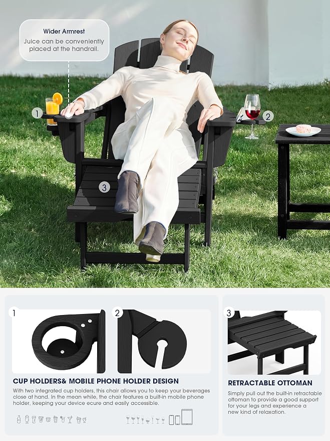 KINGYES Folding Adjustable Adirondack Chair with Ottoman Set of 2, HDPE Outdoor Chair with Retractable Footrest and Cup Holder, Wood-Like Recliner Versatile Adirondack Chair, Black
