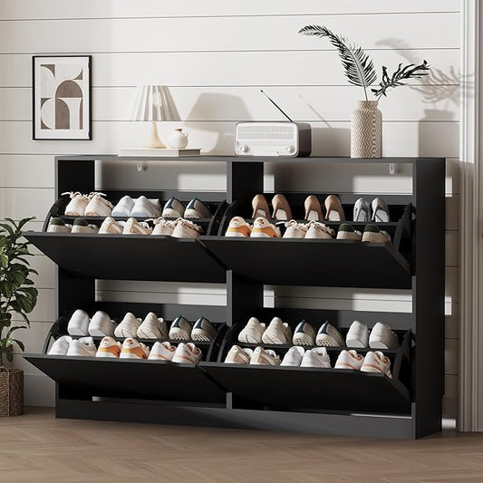 Xixini Shoe Storage Cabinet for Entryway with 4 Flip Drawers, Sturdy Wood Hidden Shoe Storage, Freestanding Narrow Slim Shoe Organizer for Front Door Entrance, Living Room, Hallway, Bedroom, Black