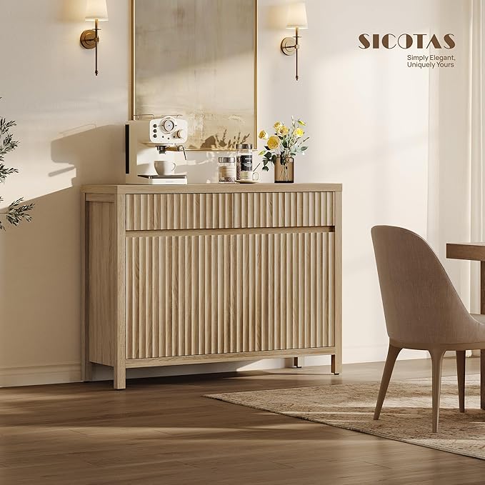 SICOTAS Fluted Sideboard Buffet Cabinet with Storage – Extra Large Credenza Accent Cabinet with 2 Drawers and 3 Doors, 84" Modern Entryway Cabinet Console with Adjustable Shelves for Living Room
