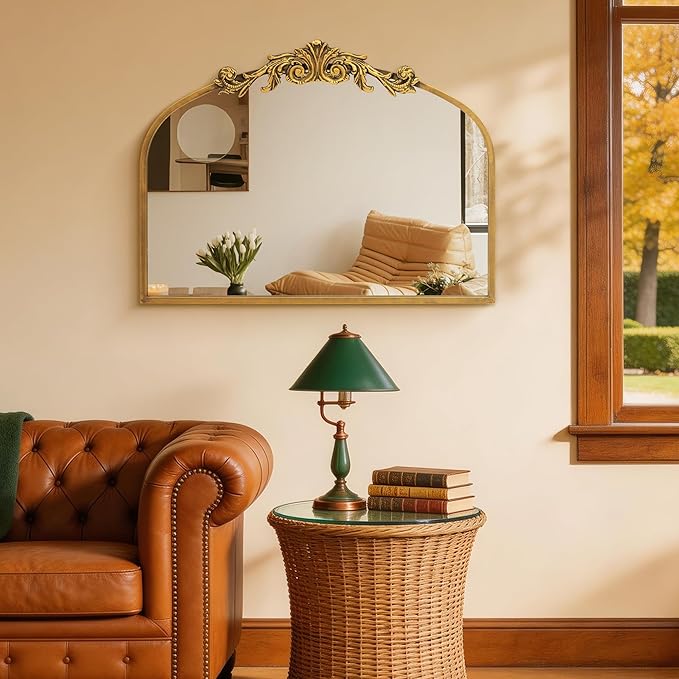 Gold Baroque Mirror Antique 31.5x24Inches - Vintage Arched Mirror with Ornate Gold Frame for Entryway, Narrow Hallway & Bathroom Wall Decor