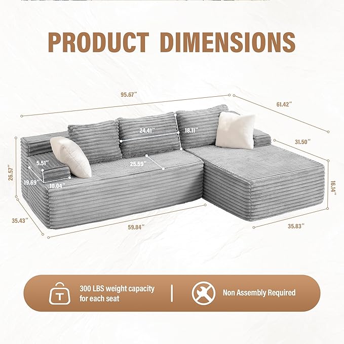 Hobestluk Modular Sectional Sofa Boneless Couch L-Shape Couch 3 Seat Modular Couch Memory Foam Sectional Couches for Living Room Furniture, Cloud Couch with Chaise Lounge (96" Right Facing Chaise)