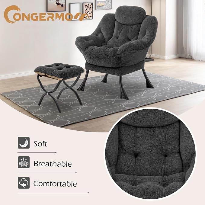 Lazy Chair with Folding Ottoman,Leisure Sofa Chair,Soft Fabric Armchair with Armrests and Side Pockets, Reading Chair with Footrest for Living Room, Bedroom, Office (Plush Dark Grey)