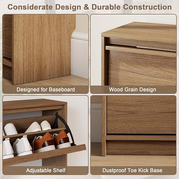 Shoe Cabinet with 3 Flip Drawers, 31.5" W Narrow Shoe Storage Cabinet for Entryway, Slim Shoe Organizer with Adjustable Shelves, Freestanding Shoe Rack for Hallway, Living Room, Walnut