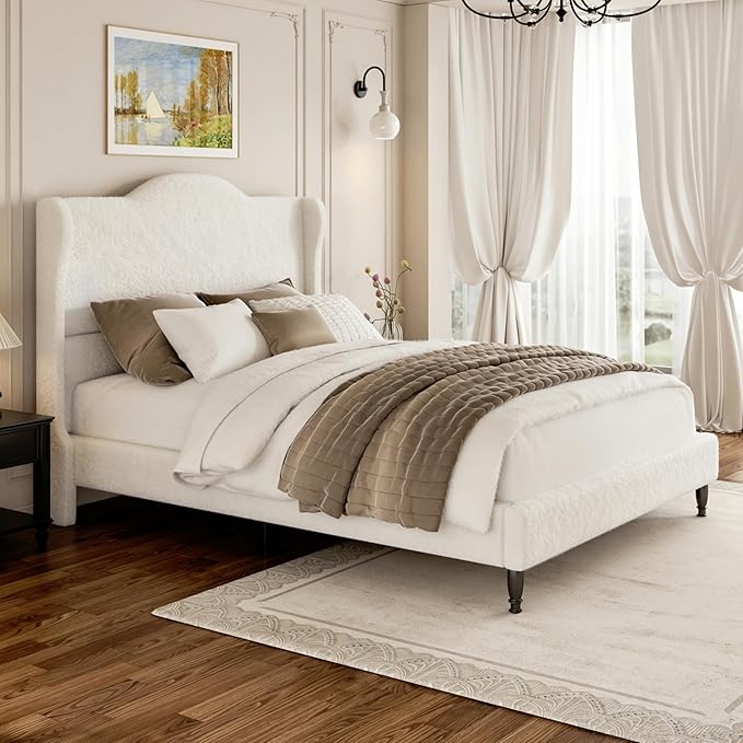 Full Bed Frame with Wingback Headboard, Upholstered Boucle Platform Bed Frame, Solid Wooden Slats Support, Noise-Free, No Box Spring Needed, Soft Cloud Bed for Bedroom, Cream