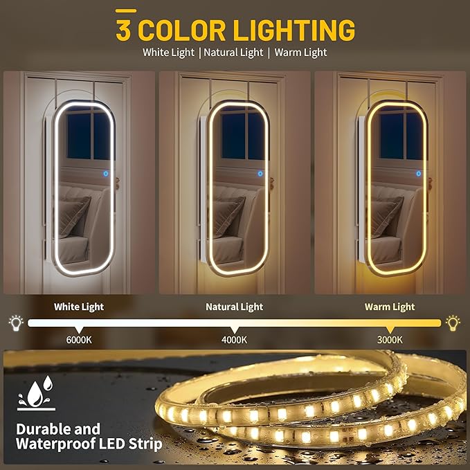 LVSOMT LED Lights Mirror Jewelry Cabinet, Wall Mount/Over the Door Jewelry Armoire Organizer, 42" Full Length Mirror with Storage, Built-in Makeup Mirror, Lockable Mirror Cabinet for Jewelry, White