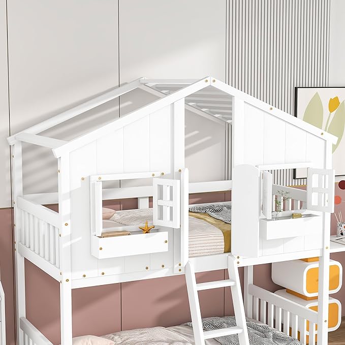 Wooden Twin Over Twin Floor Bunk House Bed with Door and Window Built-in Storage Box, Low Loft Bunk Bed for Kids Girls Boys Adults, No Box Spring Needed, White