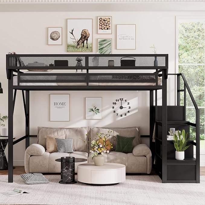 Mirightone Queen Size Loft Bed with Stairs and Storage, Metal Loft Bed Frame with Bedside Shelf and Large Under-Bed Space, Heavy-Duty Loft Beds for Adults Teens and Kids, Convertible Staircase, Black