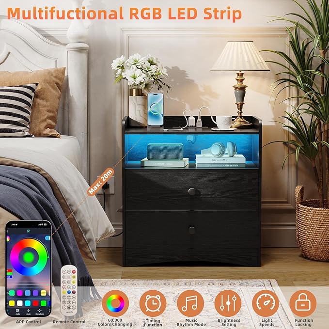 Memobarco 2 Pack Nightstand with Charging Station and LED Light, Modern Nightstand with USB Ports and Outlets, Wooden Bedside Table with 2 Storage Drawers, Small Dresser for Bedroom Small Space, Black