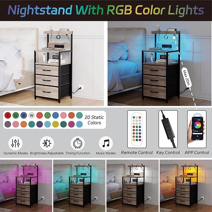 SZLHANJZ Night Stand with Charger Station, 3 Drawers Nightstand with Storage and LED Lights, Shelves, and Hooks, Bed Side End Table for Bedroom Dorm, Greige