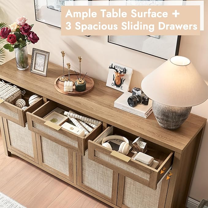 HOKYHOKY 2 Piece Rattan Sideboard Buffet Cabinet, Boho Storage Cabinet with Adjustable Shelves, Farmhouse Credenza Coffee Bar Cabinets with Doors & Drawers for Living Room, Hallway&Kitchen