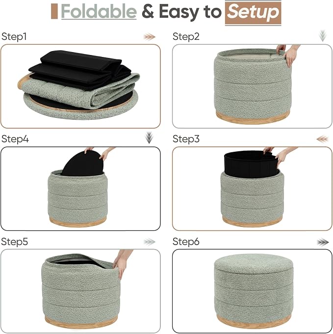 Round Storage Ottoman with Tray Lid, Folding Chenille Fabric Footrest with Hidden Storage, 22.8" Large Footstool Side Table for Dorm Living Room Bedroom, Wood Grain Base, Sage Green