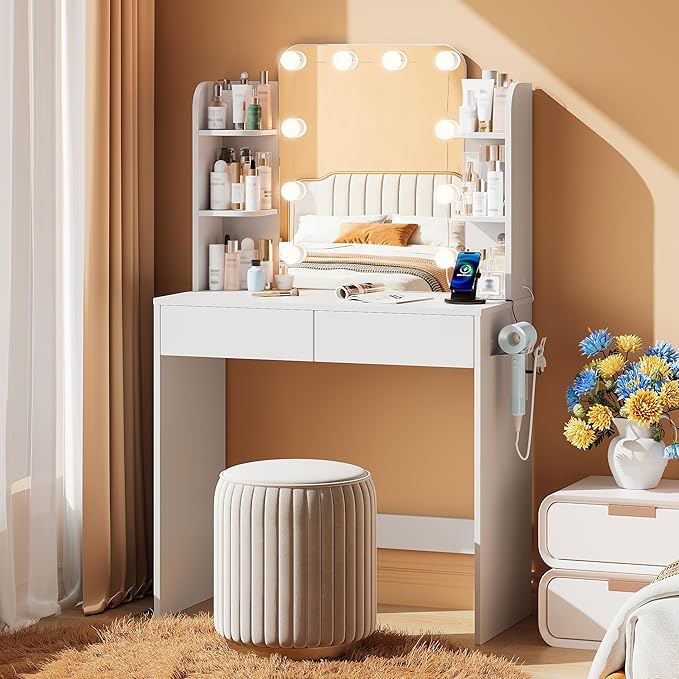 wanan Vanity Desk with Mirror and Lights 3 Colors, Girls Vanity Set with Power Outlet, Compact Vanity Table for Small Space, White Vanity Desk only