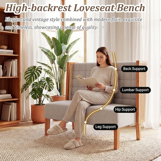 Andeworld Loveseat Settee Bench with Rattan Arms, Upholstered Modern Mini High-Back Sofa Couch,Banquette Dining Bench for Living Dining Room Bedroom Office Small Space Entryway，Grey