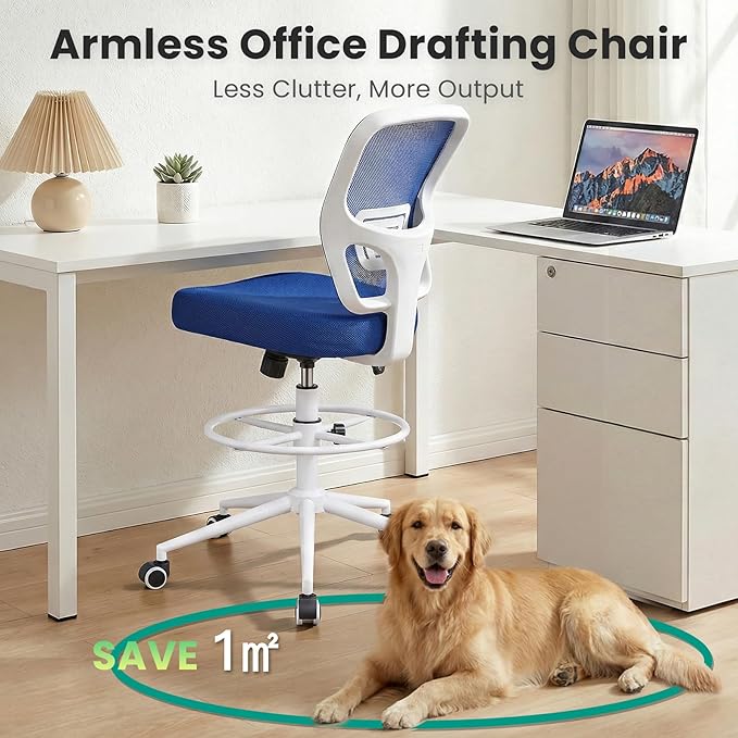 Armless Drafting Chair Tall Office Chair for Standing Desk - Adjustable Height Mesh Ergonomic Stool with Foot Ring, Rolling Counter Height Computer Chair for Small Spaces & Home Office